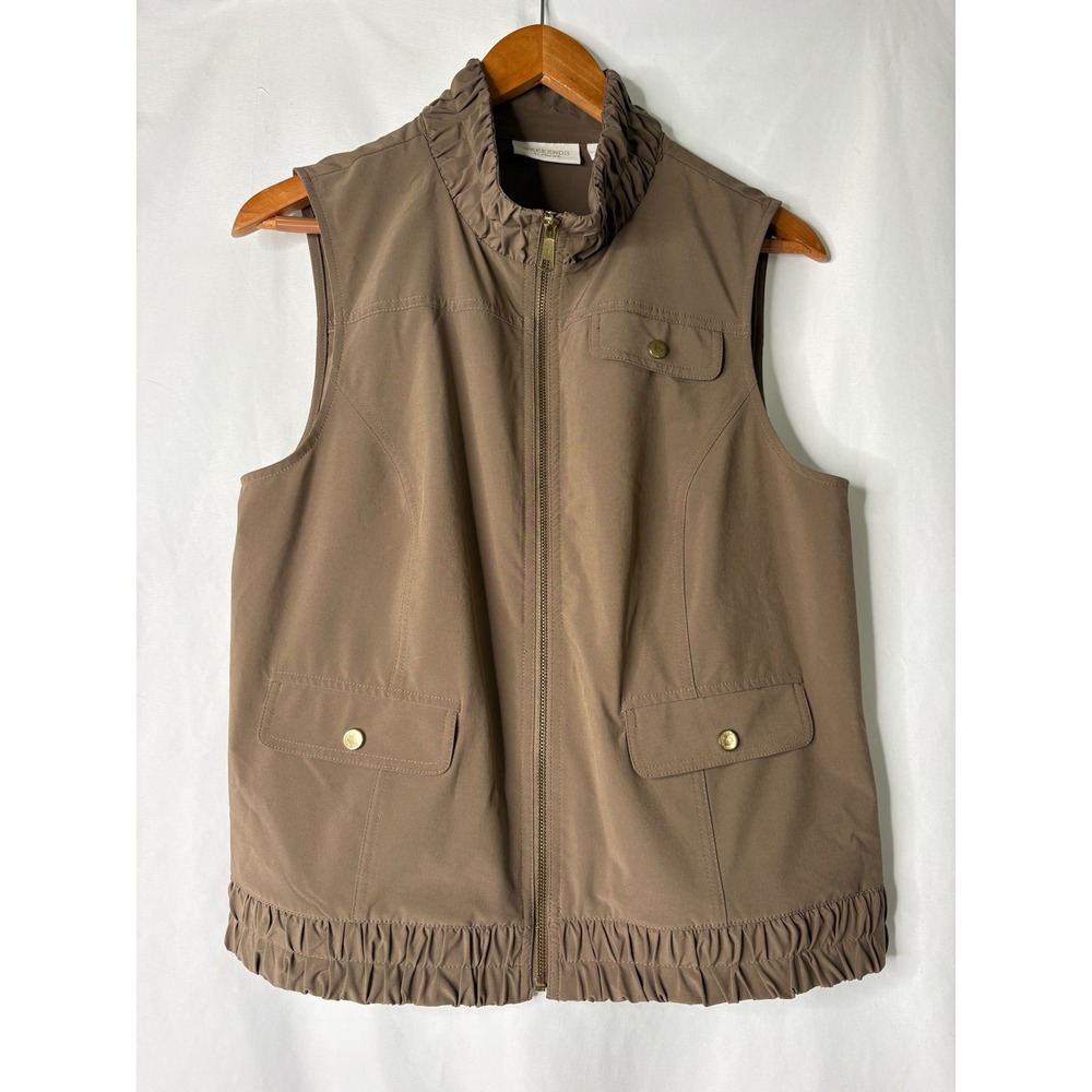 Weekends by Chicos Taupe Brown Ruffle Neck Utility Zip Front Vest Size 1 M Chic